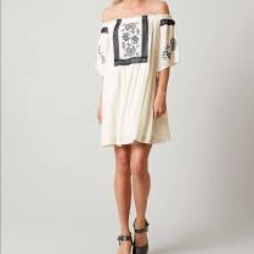 Altar'd State Cream Off-Shoulder Mini Dress with Black Embroidery